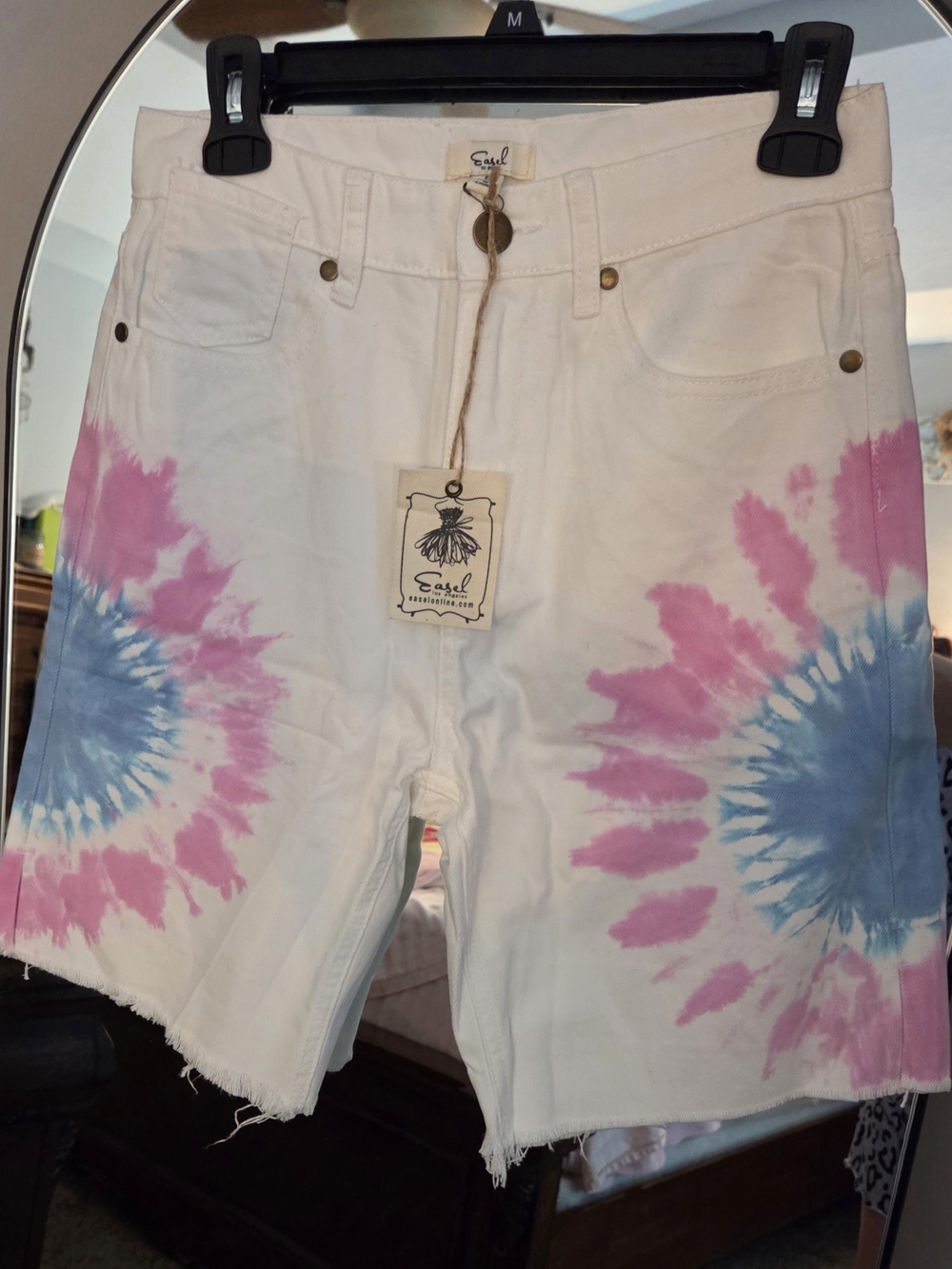 Easel White Tie-Dye Jean Shorts with Pink and Blue Bursts